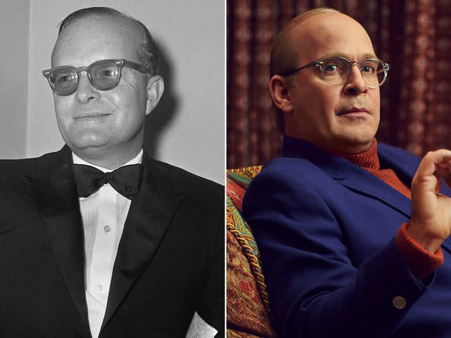 <p>Bettmann ; Pari Dukovic/FX </p> Truman Capote during the mid-1960s. ; Tom Hollander as Truman Capote in 'Feud: Capote Vs. The Swans'.