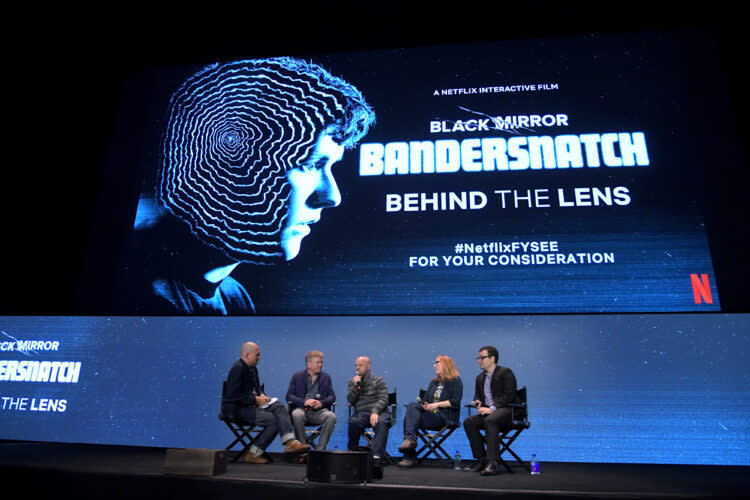 Carla Engelbrecht (second from right) appears onstage with colleagues during a Netflix event on Black Mirror’s “Bandersnatch” episode in 2019. Engelbrecht, who was director of product innovation for the streaming service, is now testing a social media platform for children under 13. (Charley Gallay/Getty Images for Netflix)