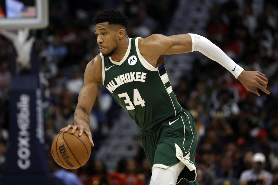 NEW ORLEANS, LOUISIANA - MARCH 28: Giannis Antetokounmpo #34 of the Milwaukee Bucks drives the ball up the court against the New Orleans Pelicans at Smoothie King Center on March 28, 2024 in New Orleans, Louisiana. NOTE TO USER: User expressly acknowledges and agrees that, by downloading and or using this photograph, User is consenting to the terms and conditions of the Getty Images License Agreement.  (Photo by Chris Graythen/Getty Images)