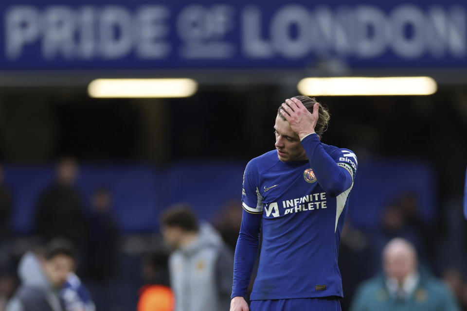 Chelsea's Conor Gallagher reacts after the end of the English Premier League soccer match between Chelsea and Wolverhampton Wanderers at Stamford Bridge stadium in London, Sunday, Feb. 4, 2024. Wolves won 4-2. (AP Photo/Ian Walton)