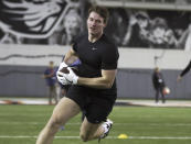FILE - Oregon State football player Luke Musgrave participates in a position drill at the school's NFL Pro Day, Monday, March 13, 2023, in Corvallis, Ore. This year’s draft class features an abundance of tight ends, and some are even calling it better than the bumper crop of 2017. “The tight end group is the best I’ve seen in the last 10 years,” NFL Network analyst Daniel Jeremiah proclaimed. (AP Photo/Amanda Loman, File)