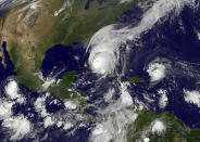 <p>SEPT. 10, 2017 – A NOAA-NASA GOES satellite shows Hurricane Irma as it makes landfall on the Florida coast as a category 4 storm as Tropical Storm Jose (R) moves west in the Atlantic Ocean taken at 11:45 UTC on September 10, 2017. As Irma heads up Florida’s west coast its leaving hundreds of thousands of residents without power as more than 100,000 people have taken refuge in shelters and millions have evacuated the area. (Photo: NOAA-NASA GOES Project via Getty Images) </p>