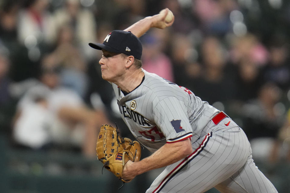 Minnesota Twins relief pitcher Louie Varland throws against the Chicago White Sox during the sixth inning of a baseball game Friday, Sept. 15, 2023, in Chicago. (AP Photo/Erin Hooley)