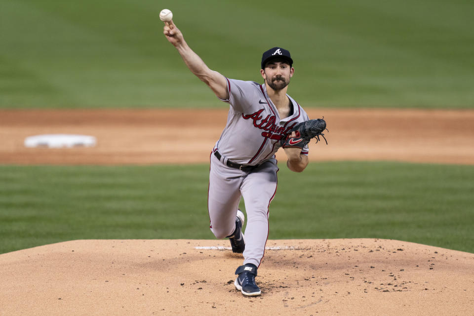 Atlanta Braves starting pitcher Spencer Strider delivers during the first inning of the second game of a baseball doubleheader against the Washington Nationals, Sunday, Sept. 24, 2023, in Washington. (AP Photo/Stephanie Scarbrough)