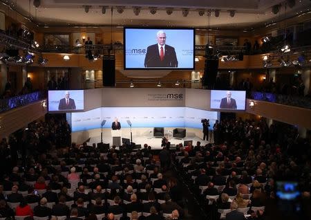 U.S. Vice President Mike Pence delivers his speech during the 53rd Munich Security Conference in Munich, Germany, February 18, 2017. REUTERS/Michael Dalder