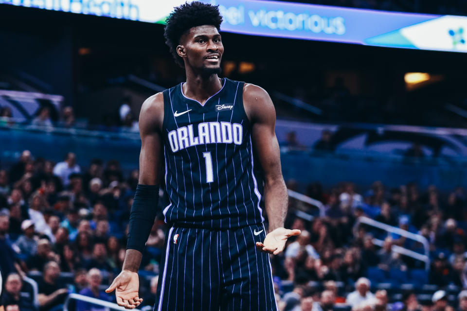 Orlando Magic forward Jonathan Isaac went down with a knee injury on Wednesday afternoon and had to be stretchered off the floor. (Harry Aaron/Getty Images)