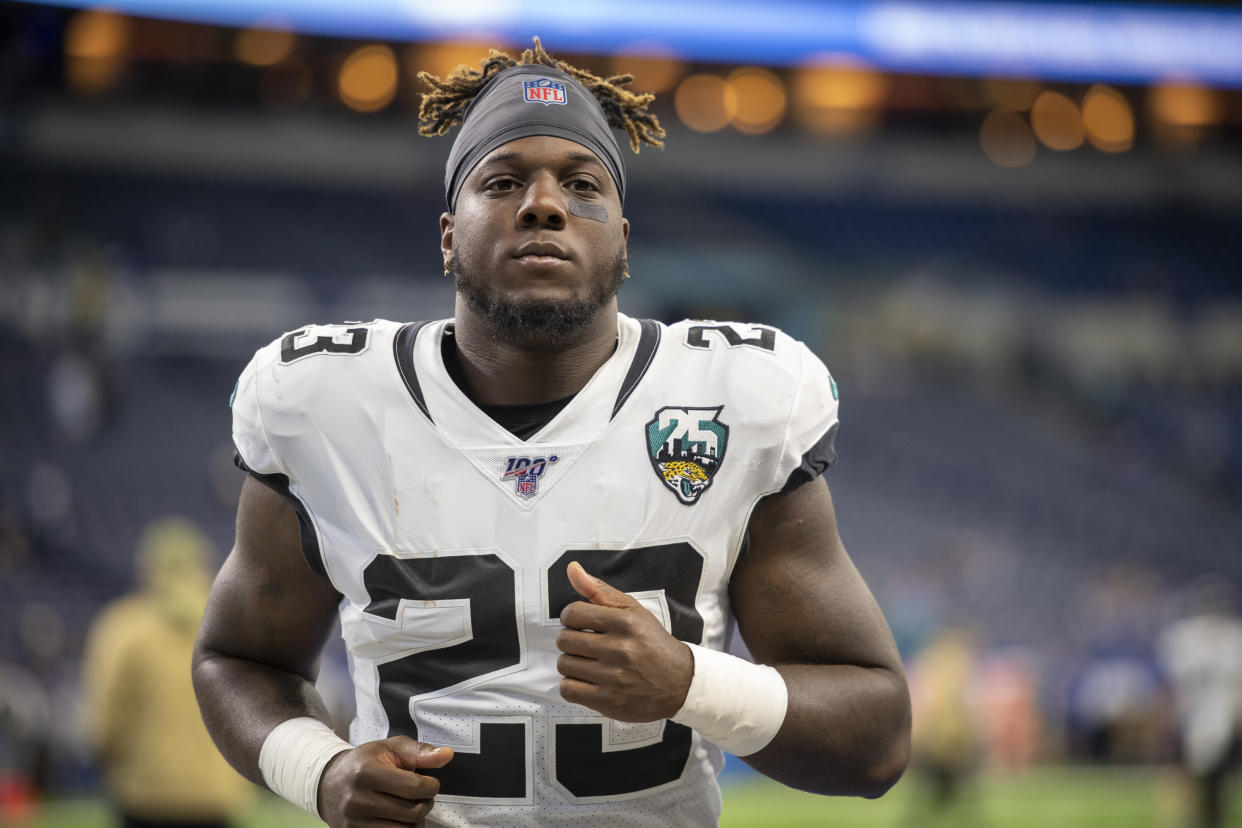 INDIANAPOLIS, IN - NOVEMBER 17: Ryquell Armstead #23 of the Jacksonville Jaguars warms-up before the start of the game against the Indianapolis Colts at Lucas Oil Stadium on November 17, 2019 in Indianapolis, Indiana. (Photo by Bobby Ellis/Getty Images)