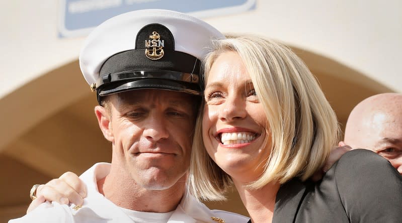 FILE PHOTO: U.S. Navy SEAL Special Operations Chief Edward Gallagher, with wife Andrea Gallagher, celebrate
