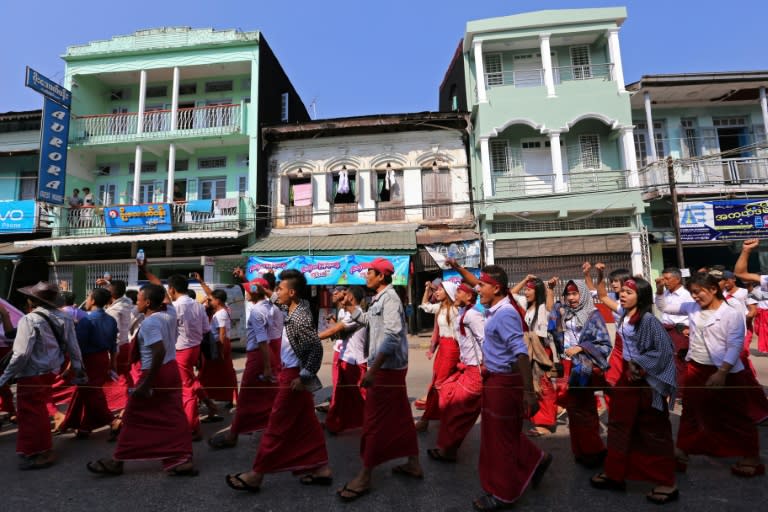 Thousands of people protested in eastern Myanmar on March 19, 2017, against plans to name a bridge after Aung San Suu Kyi's father, the latest flashpoint between her administration and the country's restless ethnic minorities