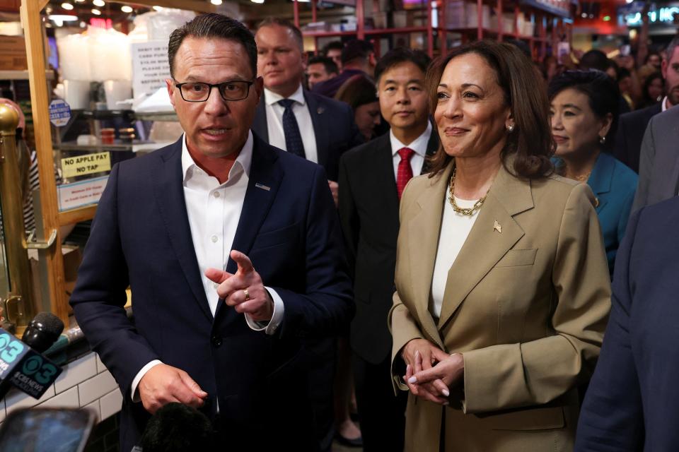 Vice President Kamala Harris and Pennsylvania Governor Josh Shapiro visit the Reading Terminal Market in Philadelphia, Pennsylvania, U.S., July 13, 2024.