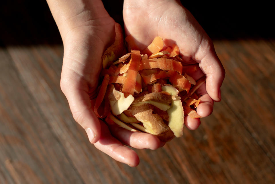 Person holding vegetable peels in their hands