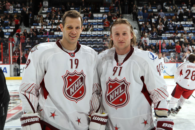 OTTAWA, ON - JANUARY 29: Team Alfredsson Jason Spezza #19 of the Ottawa Senators and Steven Stamkos #91 of the Tampa Bay Lightning pose prior to the 2012 Tim Hortons NHL All-Star Game against Team Chara at Scotiabank Place on January 29, 2012 in Ottawa, Ontario, Canada. (Photo by Bruce Bennett/Getty Images)