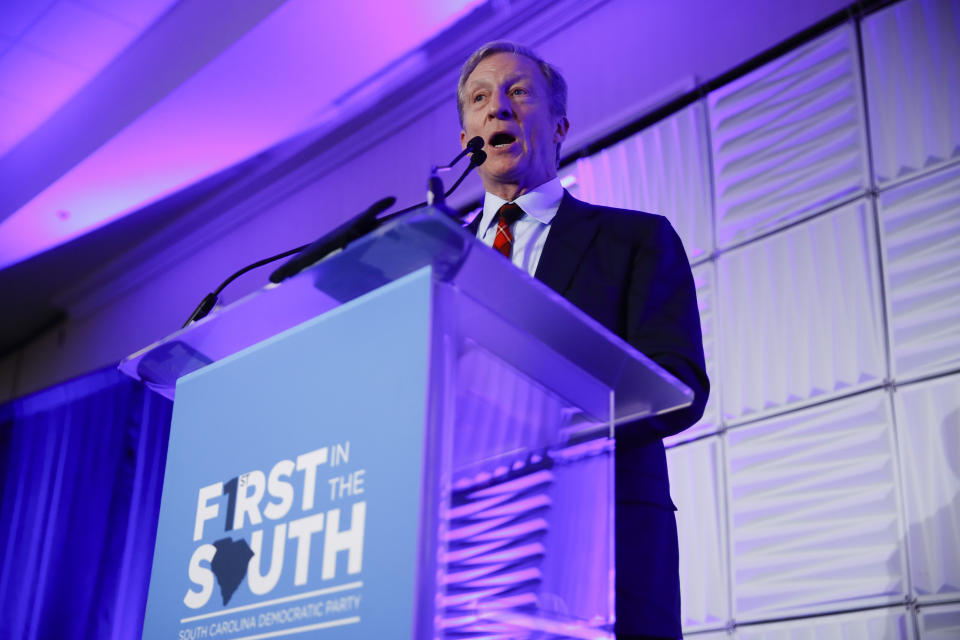 Democratic presidential candidate businessman Tom Steyer speaks at the First in the South Dinner, Monday, Feb. 24, 2020, in Charleston, S.C. (AP Photo/Matt Rourke)