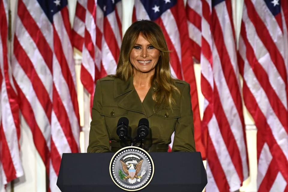 <div class="inline-image__title">1228204416</div> <div class="inline-image__caption"><p>Melania addresses the Republican Convention during its second day from the Rose Garden of the White House August 25, 2020, in Washington, DC.</p></div> <div class="inline-image__credit">BRENDAN SMIALOWSKI/AFP via Getty Images</div>