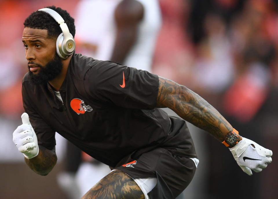 CLEVELAND, OH - AUGUST 8, 2019: Wide receiver Odell Beckham Jr. #13 of the Cleveland Browns runs a route prior to a preseason game against the Washington Redskins on August 8, 2019 at FirstEnergy Stadium in Cleveland, Ohio. Cleveland won 30-10. (Photo by: 2019 Nick Cammett/Diamond Images via Getty Images)