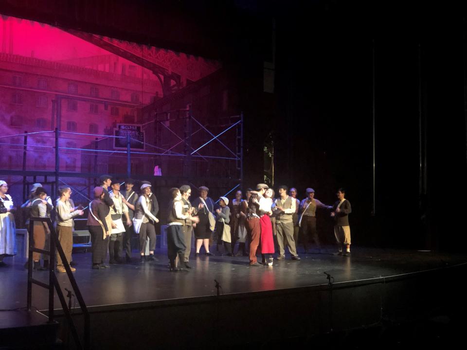 Sacred Heart students rehearse the music, choreography, lighting and set designs for their production of "Newsies." Some St. Mary's students also participated in the production.