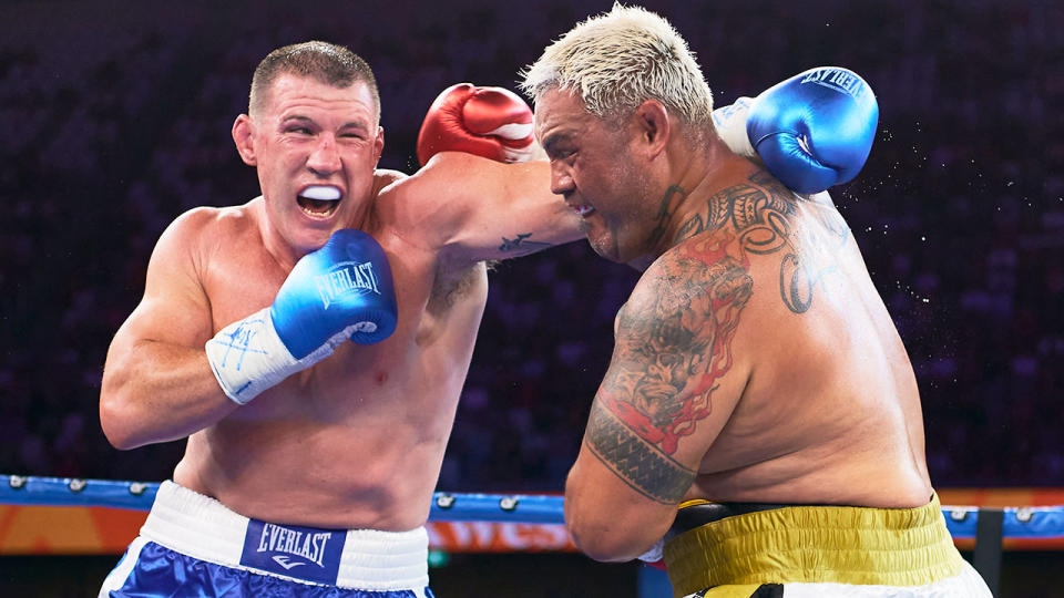 Paul Gallen is seen here trading punches with Mark Hunt in Sydney. 