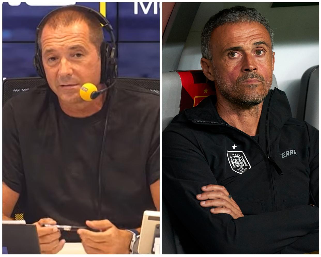 Manu Carreño, director de ‘El Larguero’ de la Cadena SER, y Luis Enrique durante el partido de la Nations League entre Portugal y España. (Foto: YouTube / El Larguero / Jose Manuel Alvarez / Quality Sports Images / Getty Images).