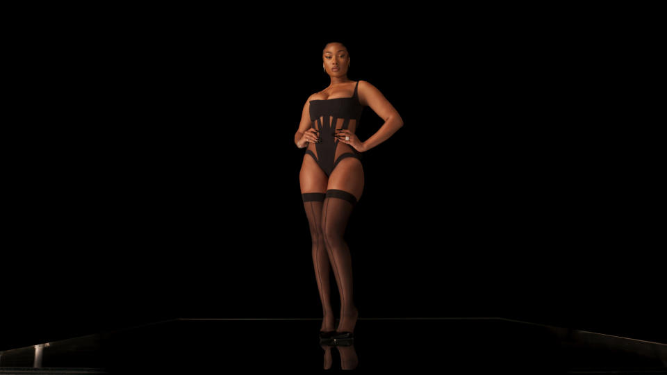 Megan Thee Stallion in a sheer Mugler bodysuit. - Credit: Courtesy of Mugler