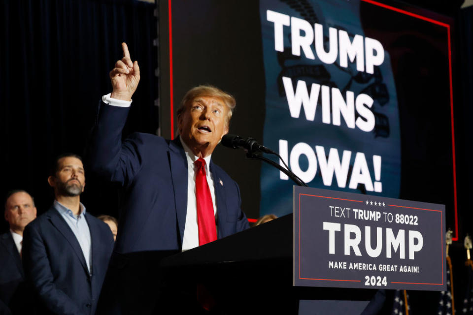 DES MOINES, IOWA – JANUARY 15: Former President Donald Trump speaks at his caucus night event at the Iowa Events Center on January 15, 2024, in Des Moines, Iowa. (Photo by Chip Somodevilla/Getty Images)