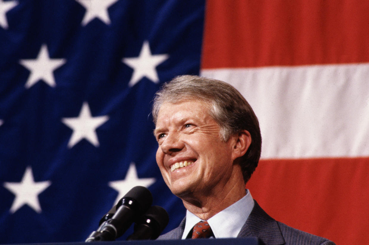 Jimmy Carter addressing a town meeting in Elk City, Okla., in March 1979