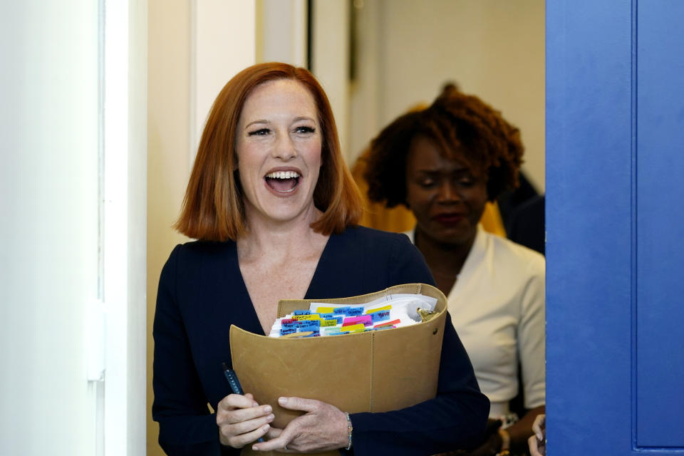 FILE - White House press secretary Jen Psaki arrives for the daily briefing at the White House in Washington, April 29, 2022. Psaki, whose last day on the job is Friday, has answered reporters' questions nearly every weekday of the almost 500 days that Biden has been in office. That makes her a top White House communicator and perhaps the administration's most public face, behind only the president and Vice President Kamala Harris. (AP Photo/Susan Walsh, File)