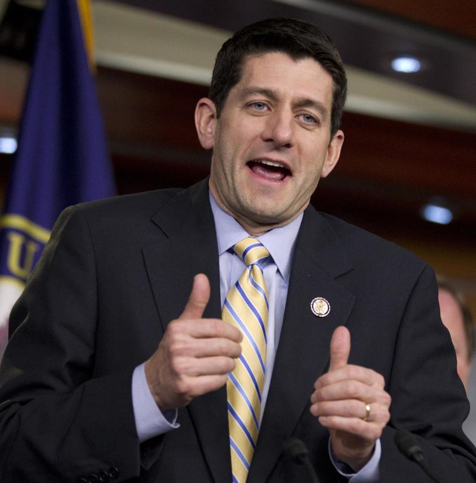 House Budget Chairman Rep. Paul Ryan, R-Wis. gestures during a news conference on Capitol Hill in Washington Thursday, March 29, 2012, after Republicans pushed an election-year, $3.5 trillion budget through the House. (AP Photo/Manuel Balce Ceneta)