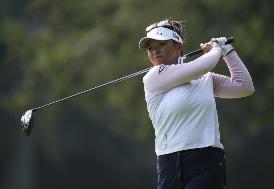 Megan Khang, of the U.S., watches her tee shot on the seventh hole during the final round at the CPKC Women’s Open golf tournament Sunday, Aug. 27, 2023, in Vancouver, British Columbia. (Darryl Dyck/The Canadian Press via AP)