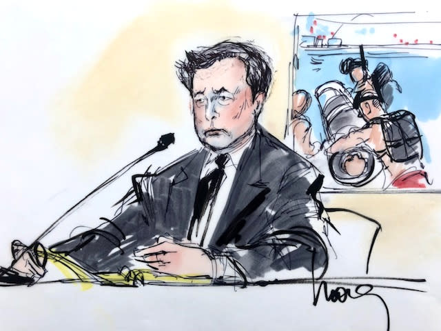 Courtroom sketch shows Elon Musk during the trial in a defamation case filed by British cave diver Vernon Unsworth, who is suing the Tesla chief executive for calling him a "pedo guy" in one of a series of tweets, in Los Angeles