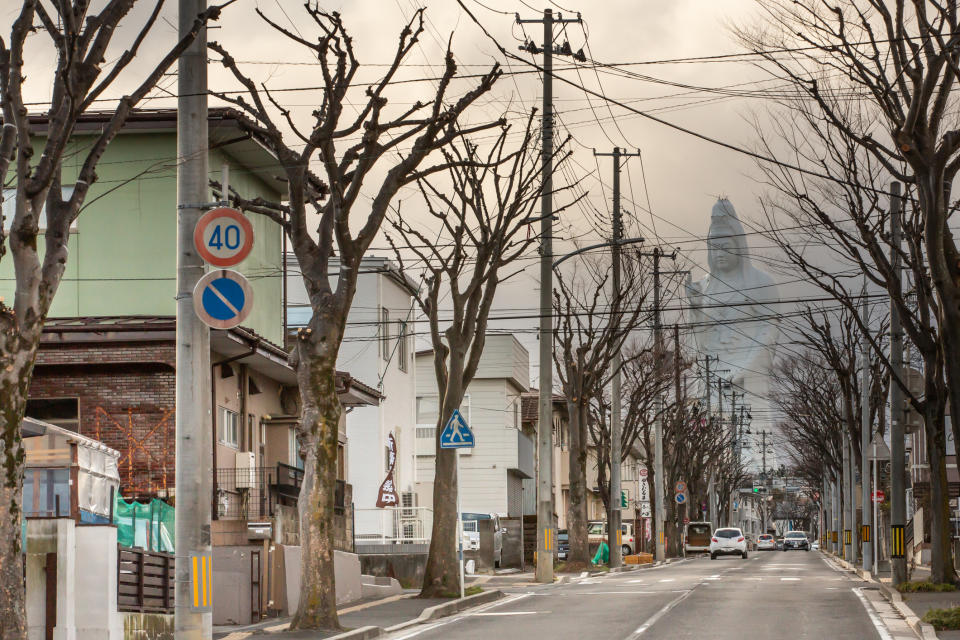 The Sendai Daikannon in the distance