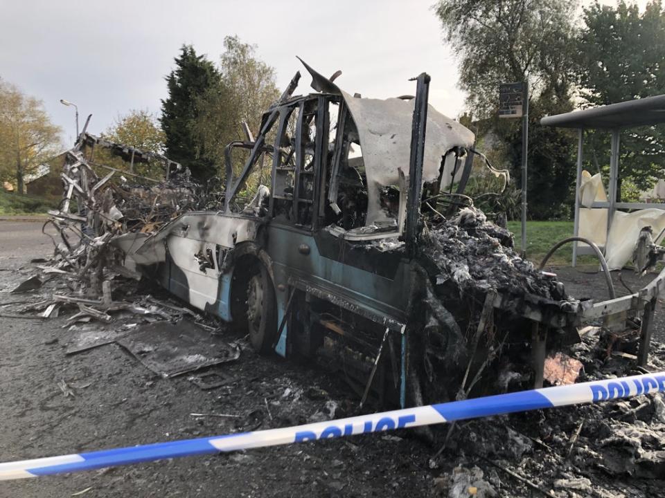 The scene on Abbott Drive in Newtownards near Belfast, after a bus was hijacked and set alight in an attack politicians have linked to loyalist opposition to Brexit’s Northern Ireland Protocol. Picture date: Monday November 1, 2021. (PA Wire)