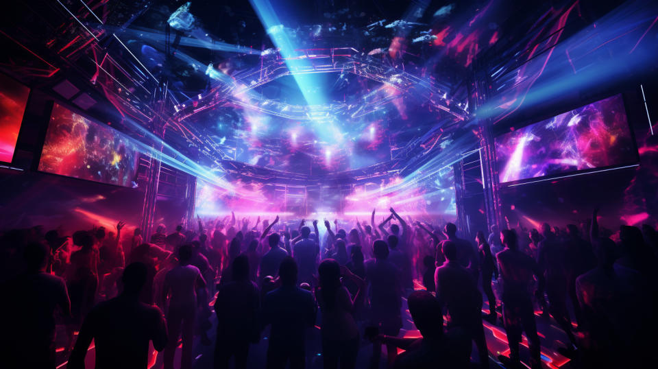 A bustling nightclub filled with energy, illuminated by mesmerizing lights and the thumping beat of the dance music.