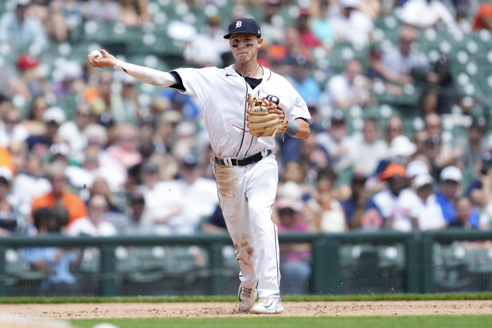 Detroit Tigers third baseman Nick Maton throws to first base on a Minnesota Twins' Willi Castro ground ball in the eighth inning of a baseball game, Sunday, June 25, 2023, in Detroit. Mason was given an error on the throw that scored Royce Lewis. (AP Photo/Paul Sancya)