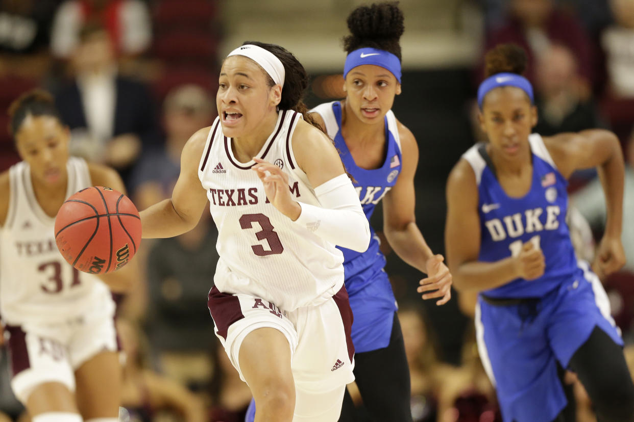 Texas A&M guard Chennedy Carter (3) breaks down court for a layup against Duke during an NCAA women's basketball game on Sunday, Nov. 10, 2019, in College Station, Texas. (AP Photo/Sam Craft)