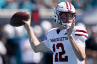 Massachusetts quarterback Brady Olson passes against Coastal Carolina during the first half of an NCAA college football game on Saturday, Sept. 25, 2021, in Conway, S.C. (AP Photo/Chris Carlson)