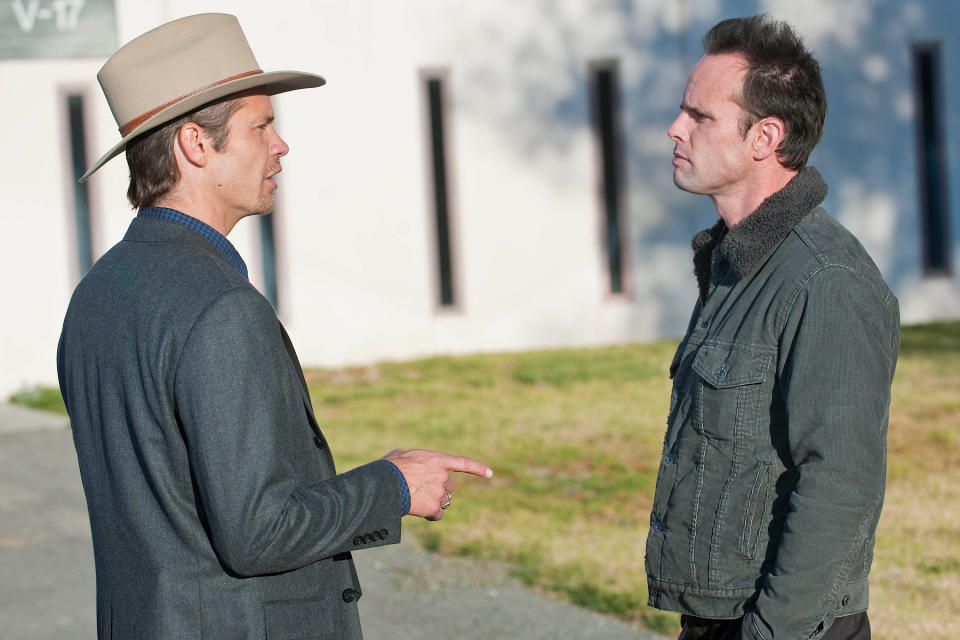 JUSTIFIED: L-R: Timothy Olyphant as Raylan Givens and Walton Goggins as Boyd Crowder in Justified airing Tuesday, May 4  