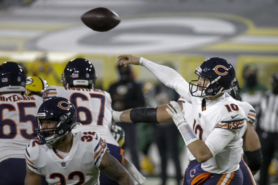 Chicago Bears' Mitchell Trubisky throws during the second half of an NFL football game against the Green Bay Packers Sunday, Nov. 29, 2020, in Green Bay, Wis. (AP Photo/Mike Roemer)