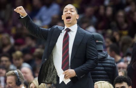 FILE PHOTO: Oct 21, 2018; Cleveland, OH, USA; Cleveland Cavaliers head coach Tyronn Lue shouts out a play during the first quarter against the Atlanta Hawks at Quicken Loans Arena. Mandatory Credit: Ken Blaze-USA TODAY Sports