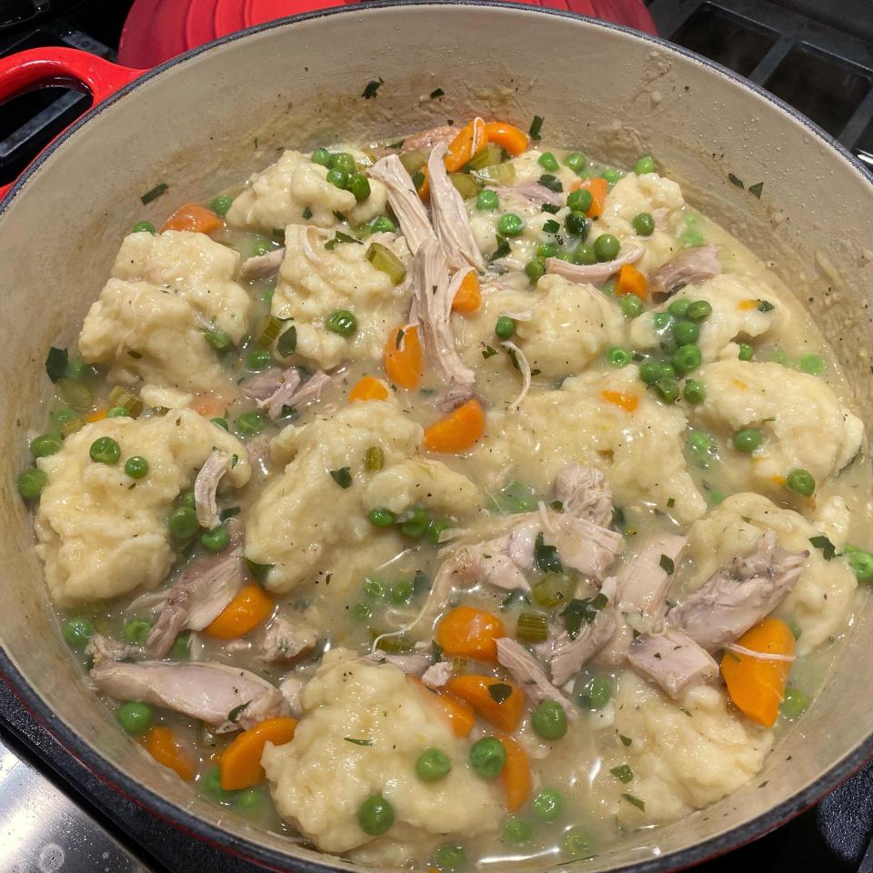 a pot of chicken and dumplings