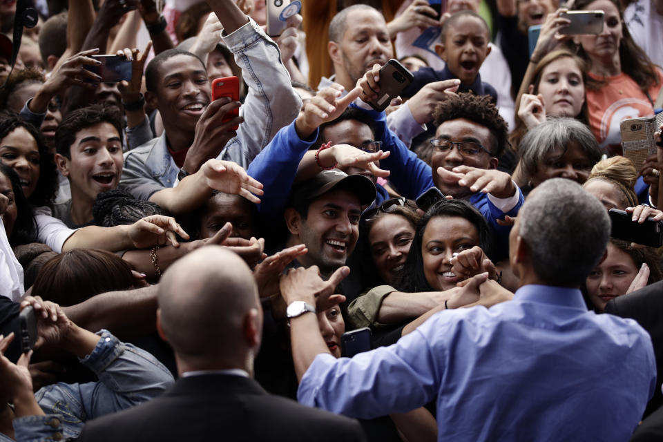 President Barack Obama meets with members of the audience as he campaigns in support of Pennsylvania candidates in Philadelphia, Friday, Sept. 21, 2018. Two months out from Election Day, Democrats are increasingly confident about their prospects to pick up at least one chamber of Congress. But there are potential pitfalls ahead. (AP Photo/Matt Rourke)