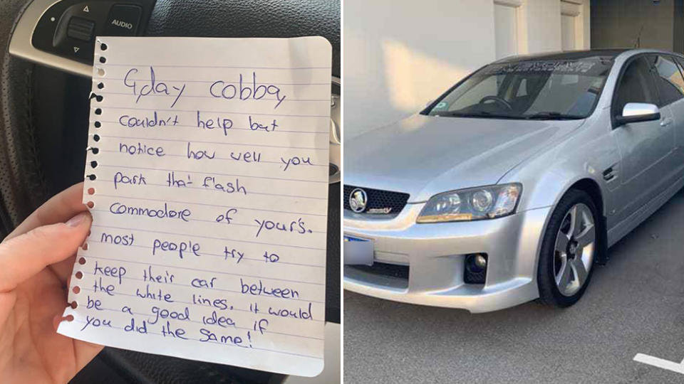 A woman got the last laugh after a neighbour left a note on her Commodore. Source: Facebook