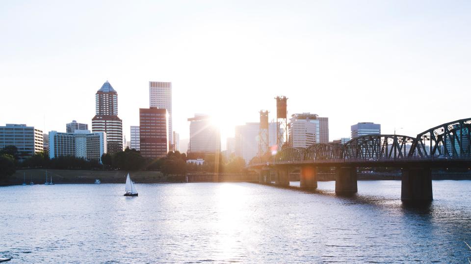 Hawthorne Bridge in Portland during sunset.