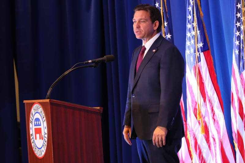 NASHUA, NEW HAMPSHIRE - OCTOBER 13: Republican presidential candidate Florida Gov. Ron DeSantis speaks during the 2023 First in the Nation Leadership Summit on October 13, 2023 in Nashua, New Hampshire. 