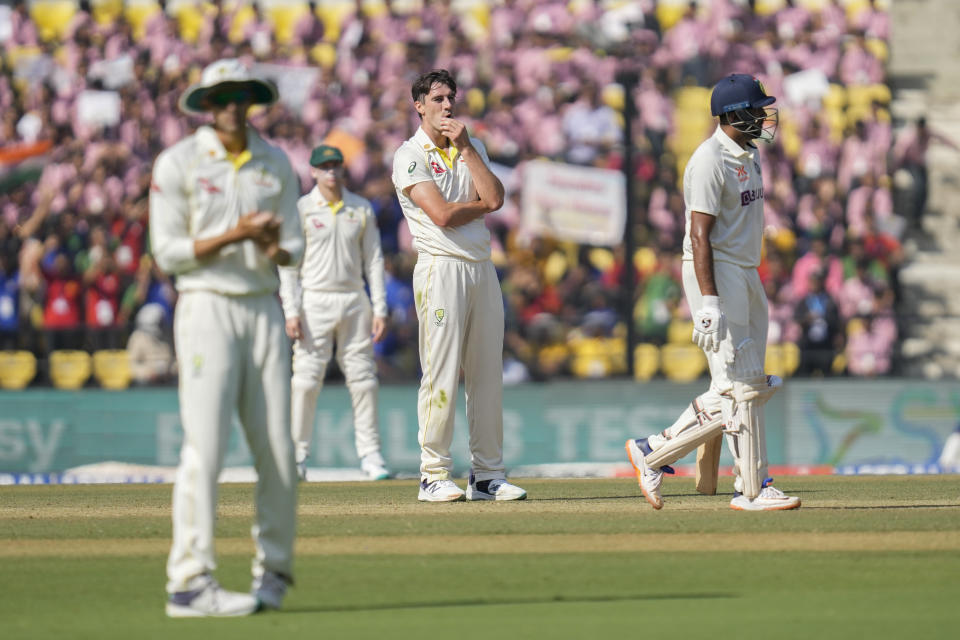 Australia's captain Pat Cummins, center, reacts during the second day of the first cricket test match between India and Australia, in Nagpur, India, Friday, Feb. 10, 2023. (AP Photo/ Rafiq Maqbool)