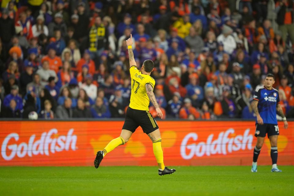 Dec 2, 2023; Cincinnati, Ohio, USA; Columbus Crew forward Christian Ramirez (17) celebrates credit for an own goal by FC Cincinnati defender Alvas Powell (2) during the second half of the MLS Cup Eastern Conference Finals against the Columbus Crew at TQL Stadium.