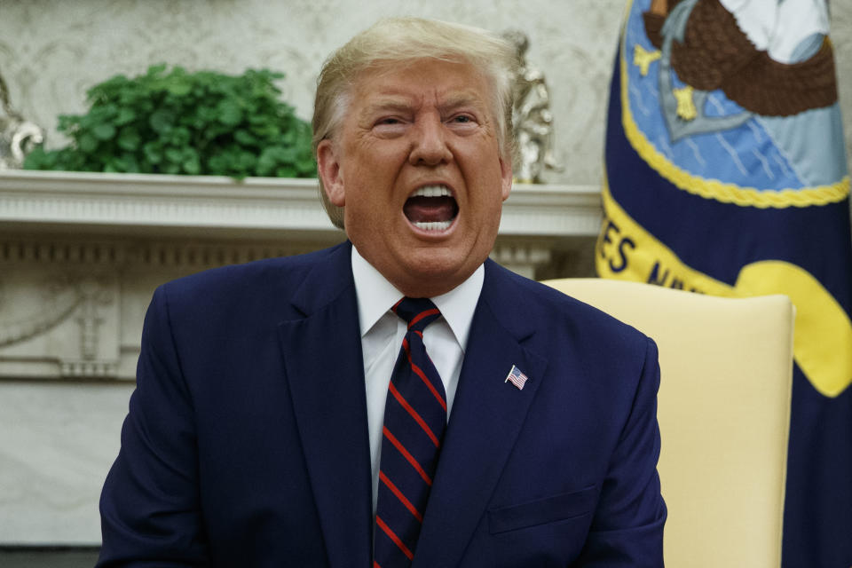 President Donald Trump speaks during a meeting with Finnish President Sauli Niinisto in the Oval Office of the White House, Wednesday, Oct. 2, 2019, in Washington. (AP Photo/Evan Vucci)