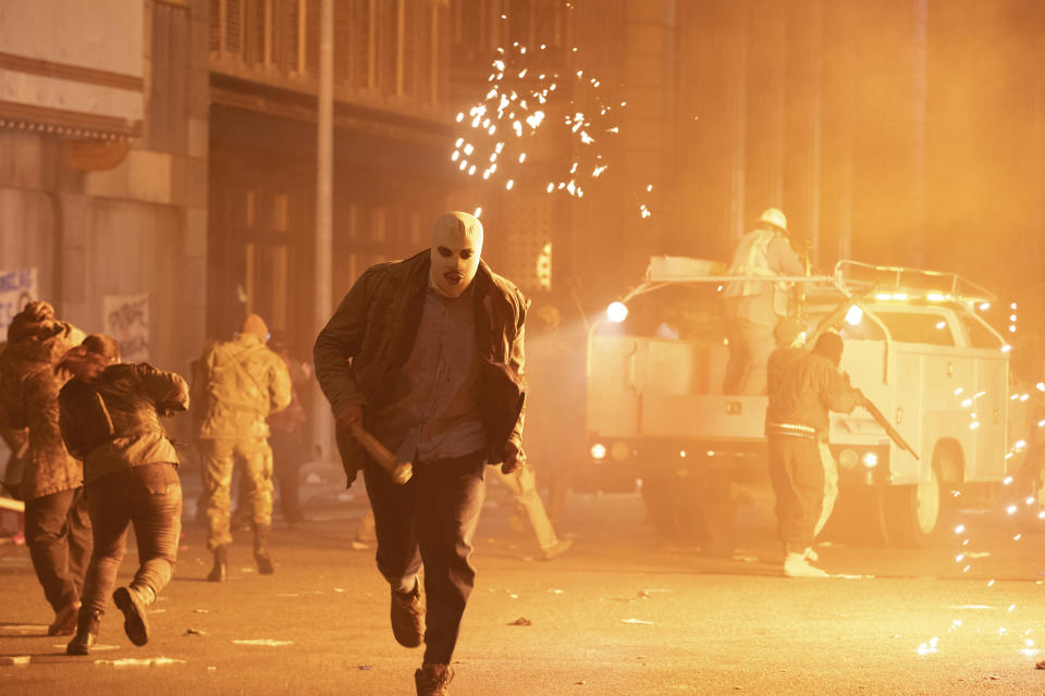 This image released by Universal Pictures shows a scene from "The Forever Purge," directed by Everardo Valerio Gout. ( Jake Giles Netter/Universal Pictures via AP)