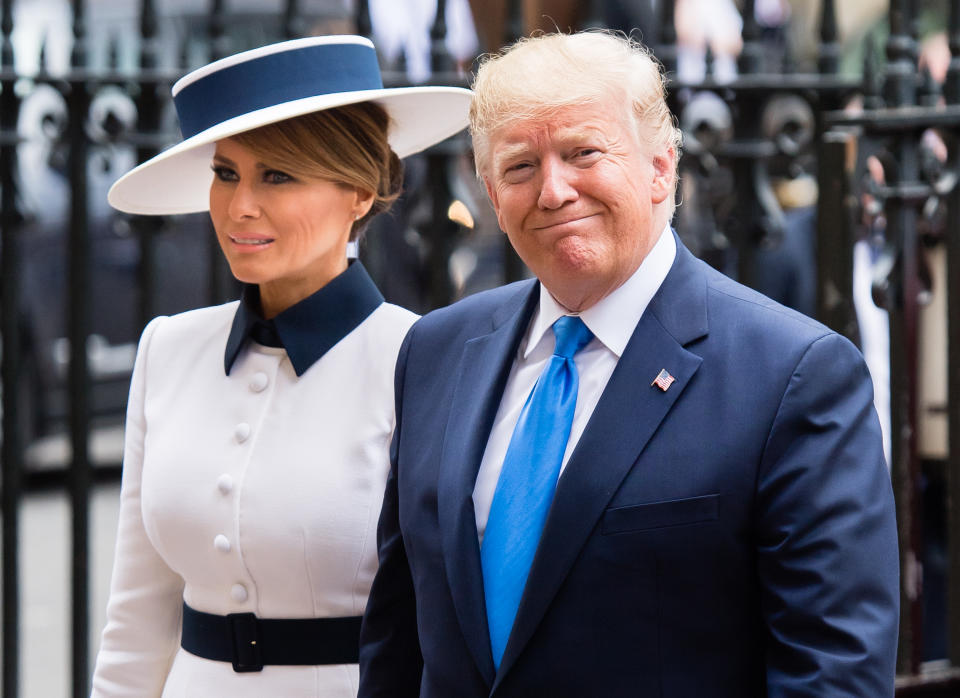 US President Donald Trump  and First Lady Melania Trump  arrive for a visit to Westminster Abbey on June 03, 2019 in London, England. President Trump's three-day state visit will include lunch with the Queen, and a State Banquet at Buckingham Palace, as well as business meetings with the Prime Minister and the Duke of York, before travelling to Portsmouth to mark the 75th anniversary of the D-Day landings.