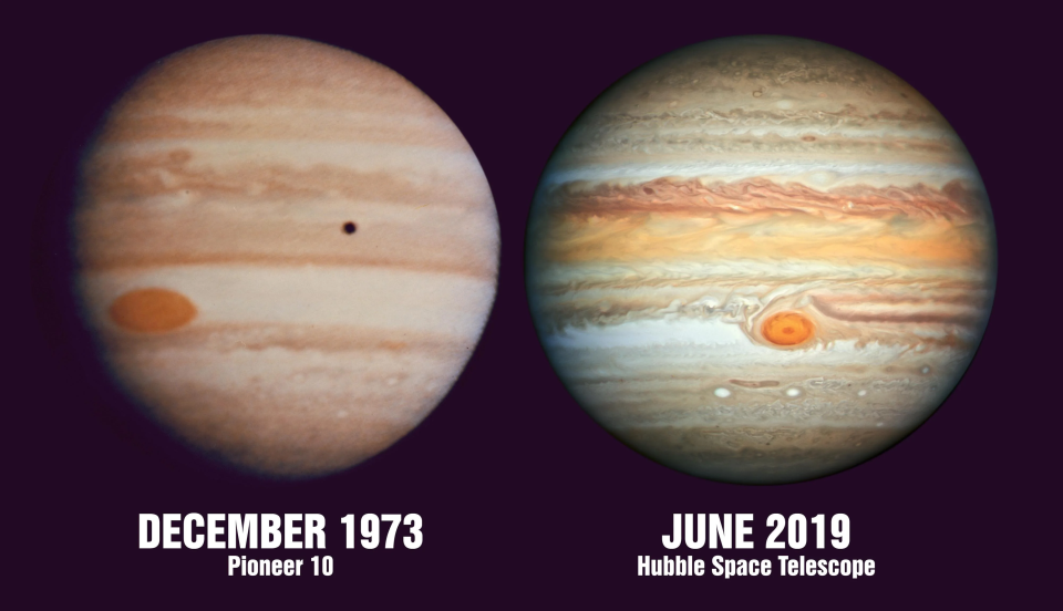 Side-by-side of Jupiter at different times, in December 1973 and June 2019, with the red spot looking smaller in 2019