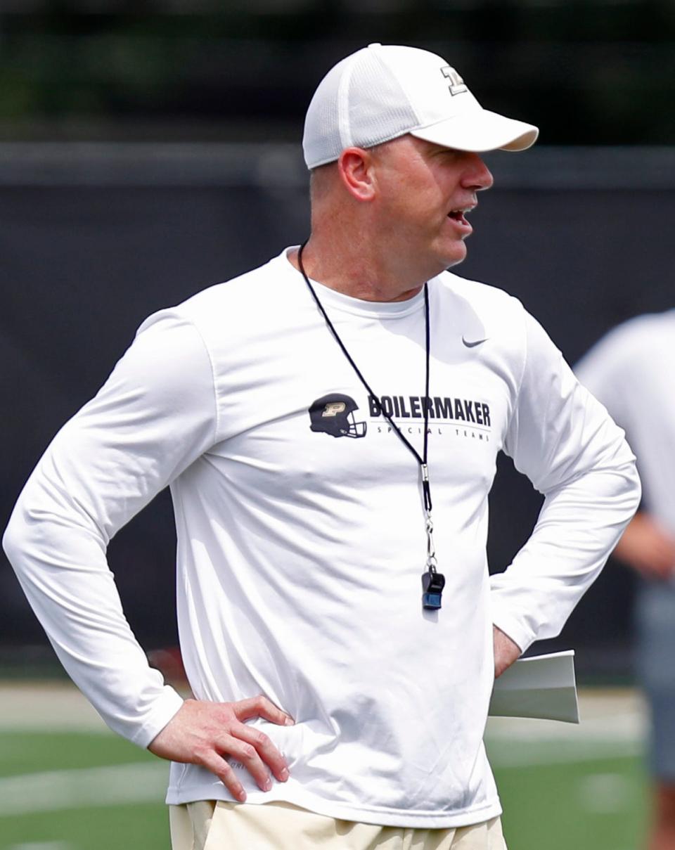 Purdue Boilermakers head coach Jeff Brohm watches a drill during a practice, Tuesday, Aug. 2, 2022, at Purdue University in West Lafayette, Ind. 